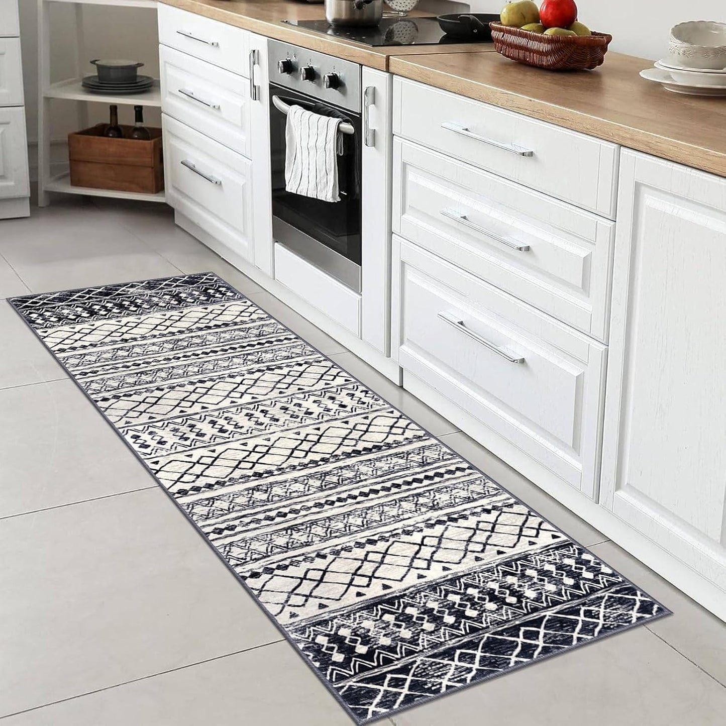 KUTA 2x6 Non-Slip Washable Runners for Hallways,Black Navy Blue Moroccan Boho Distressed Geometric Vintage Kitchen Runner, Ultra Soft Floor Mat for Entryway, Bathroom, Laundry, Living Room, Bedroom
