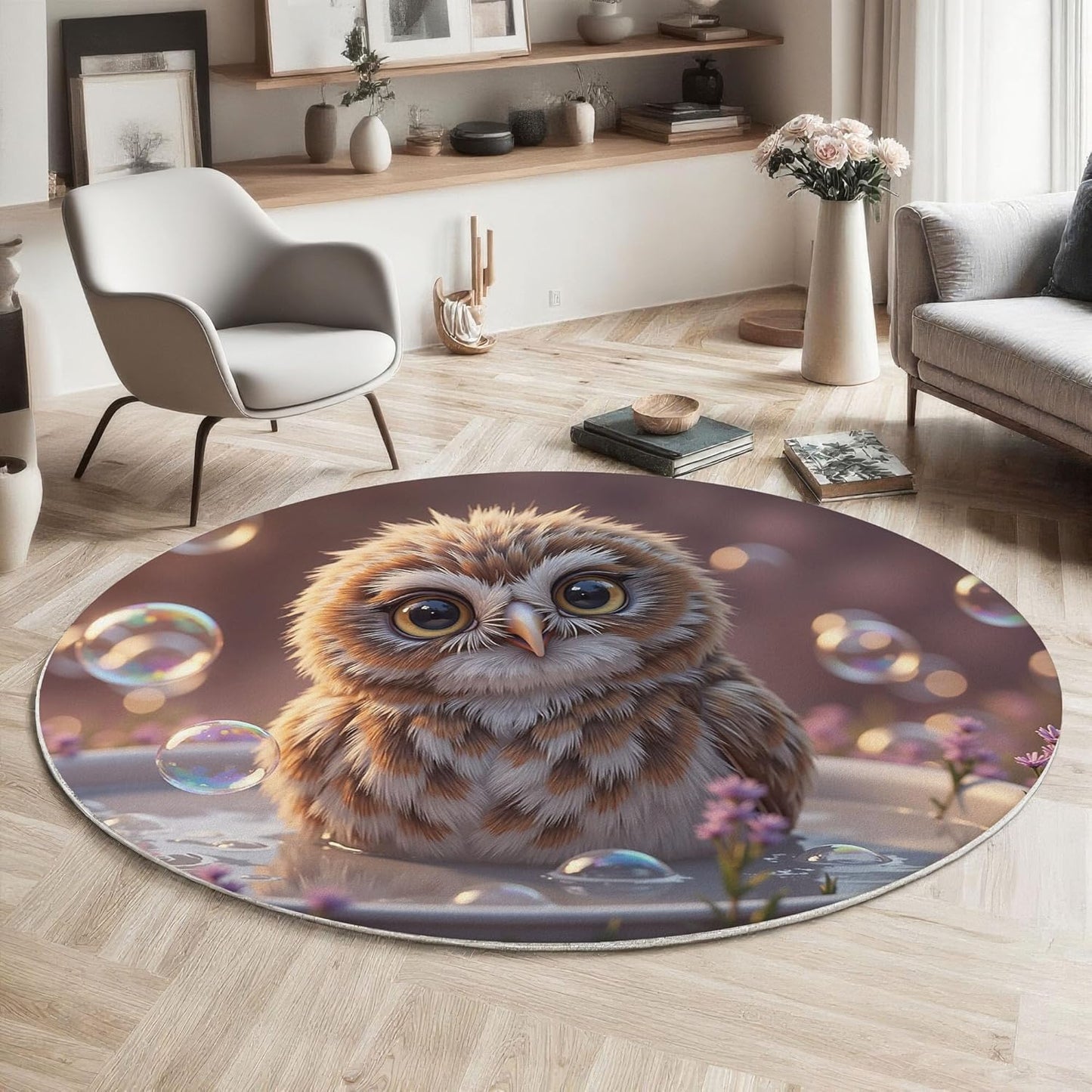 Round Rug for Kids Room, Cute Owl Bathtub Round Rugs 3Ft, Realistic Animal Style Circle Rug, Brown Washable Circle Carpet for Living Room Bedroom, Non Slip Low Pile Thin Area Rugs