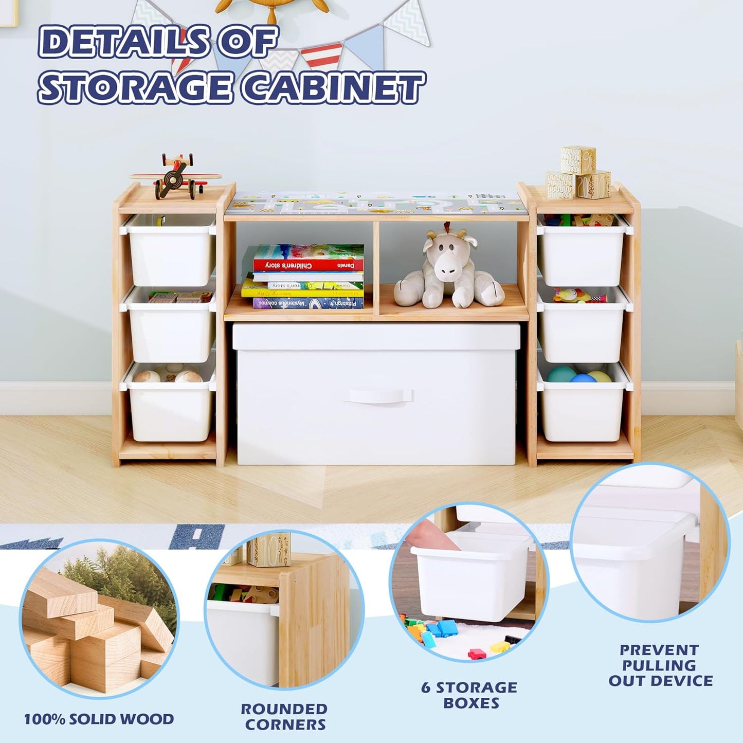 MallBest Montessori Shelf for Kids - 100% Solid Pine Wood with 6 Removable Plastic Bins, Toy Storage Organizer Cabinet for Playroom, Bedroom & Nursery (Natural)
