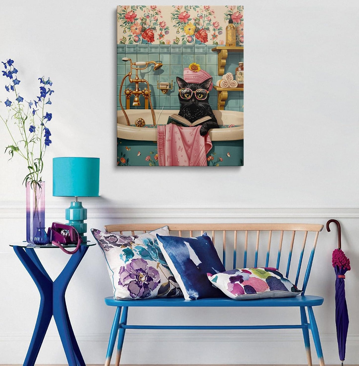 Whimsical Cat in Bathtub Canvas Wall Art Framed Painting Vintage Bathroom Scene with Glasses Bath Cap Wall Decor Artwork Print Poster Funny Cute Cozy for Bathroom Office Decor 16x24 Inches