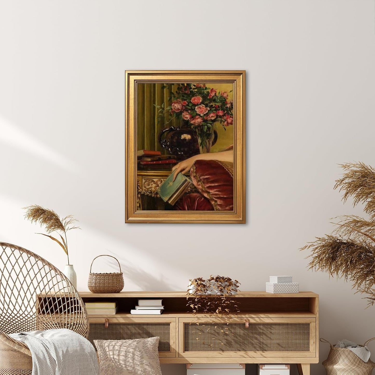 Gold Framed Large Wall Art Mid Century Victorian Floral Wall Decor Vintage Book Flower Canvas Print Oil Painting Renaissance Still Life Artwork Rococo Baroque Poster for Living Room 24x36inch