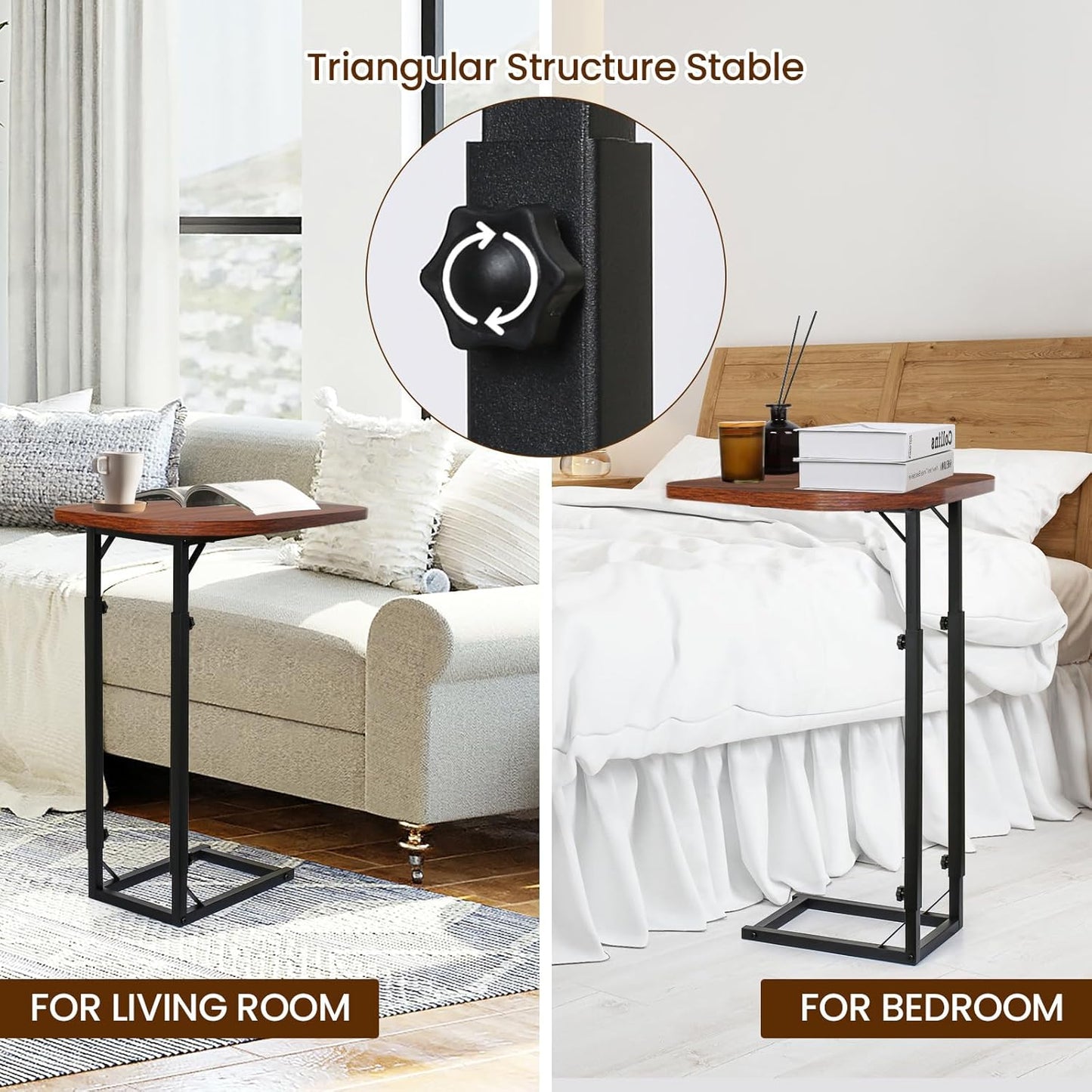 Premium Adjustable C-Shaped End Table for Couch, Mini Side Tables for Sofa, Small Coffee Table with Metal Frame, Beautiful and Practical Sidekick for Your Living Room, Bedroom, Bedside, Rustic Brown | Premium, Adjustable, for Couch, for Sofa, with Metal F