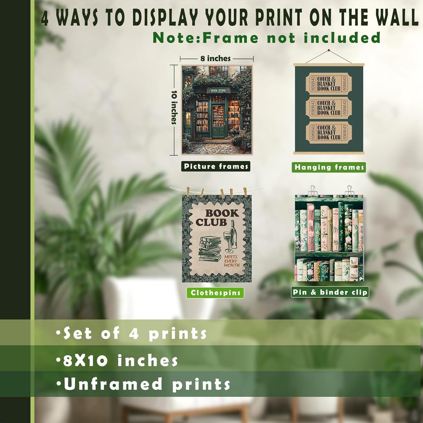 LUKIPOM Vintage Nostalgic Book Wall Art Posters Set of 4, Reading Nook Corner Room Decor, Retro Green Bookish Canvas Prints Artwork for Library Book Store Club Wall Decor, 8x10 Unframed