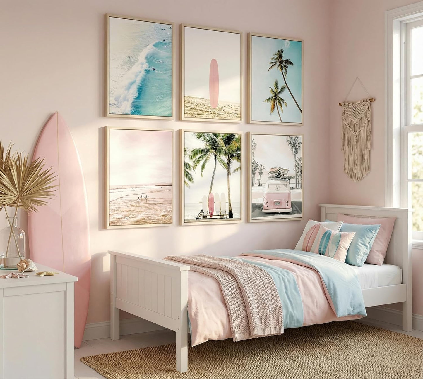 6PCS Preppy Aesthetic Beach Canvas Wall Art Pink Surfboard Palm Tree Ocean Waves Posters Prints Paintings Coastal Summer Pictures Wall Decor for Teen Girls Bedroom Dorm Bathroom Unframed