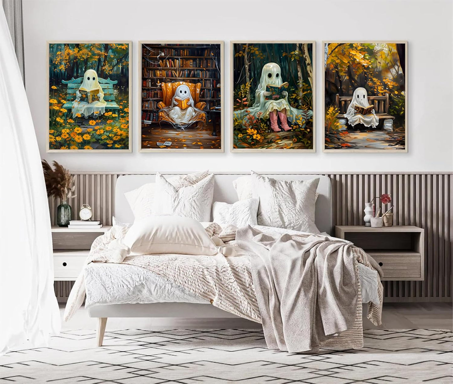 Vintage Halloween Ghost Canvas wall art Funny Cute Ghost Reading Book Painting Pictures wall decor Gothic Dark Whimsical Aesthetic Posters Prints for Bedroom Living Room Scene Home Decoration Unframed