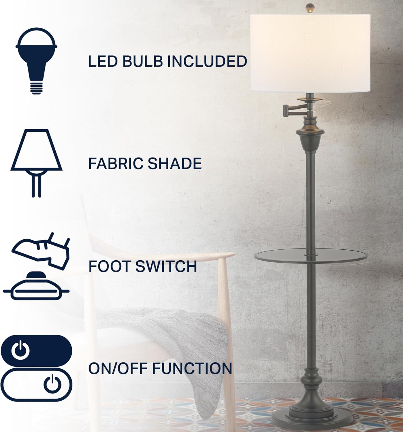 JONATHAN Y 60" Black Floor Lamp with Integrated Glass Side Table, Modern Swing Arm Standing Lamp for Living Room, White Linen Shade, LED Bulb Included (JYL3055D)