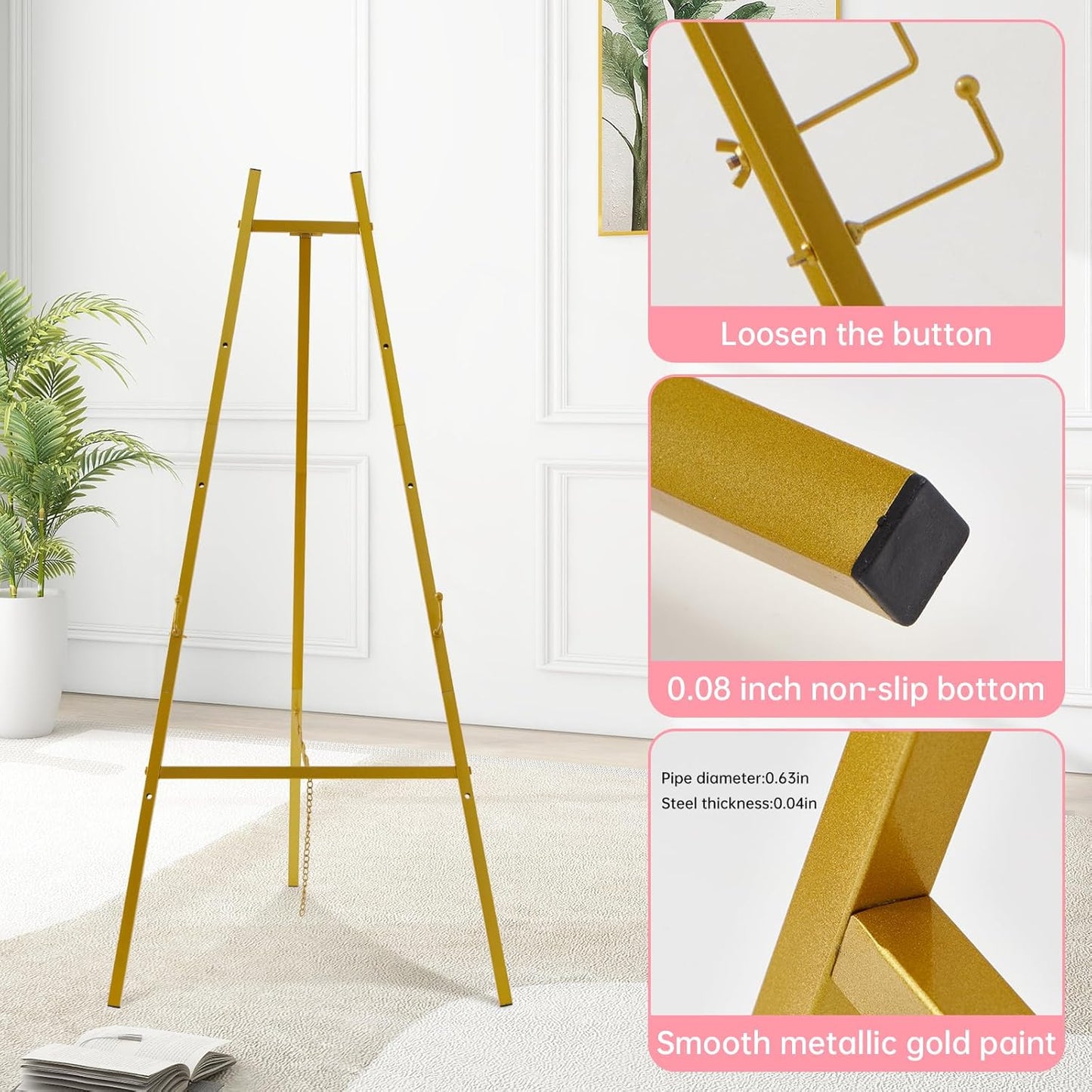 43.5" Gold Easel Stand for Sign–Adjustable Floor Heavy Duty Metal Display Easel for Wedding Signs, Art, Posters, Pictures Welcome Signs 4-Tier Height Display Easel for Parties & Galleries