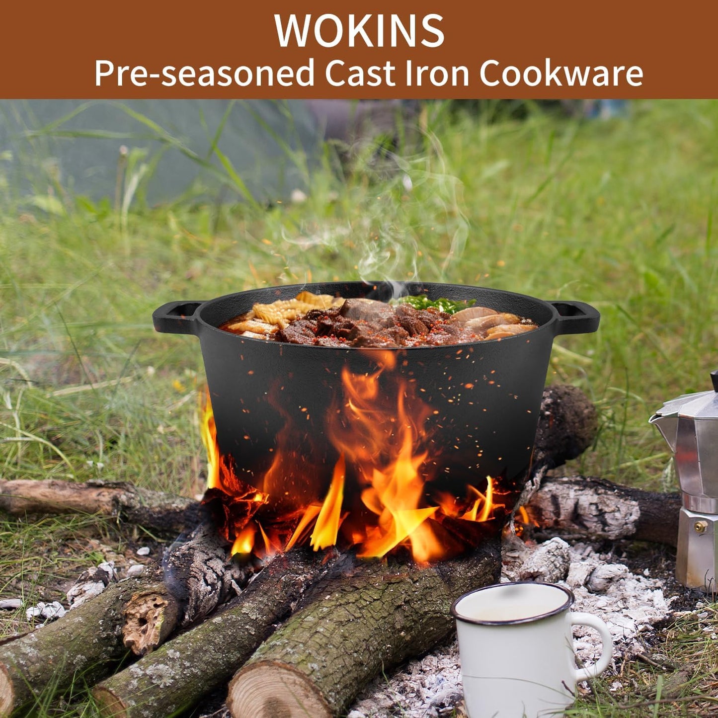 2-in-1 Pre-Seasoned Cast Iron Dutch Oven with Skillet Lid,Oven,Grill,Campfire&Stovetop Safe,Durable Black Cookware Sets with Dual Handles,Cast Iron Skillets for Sourdough Bread baking,Frying,Camping,BBQ,5QT