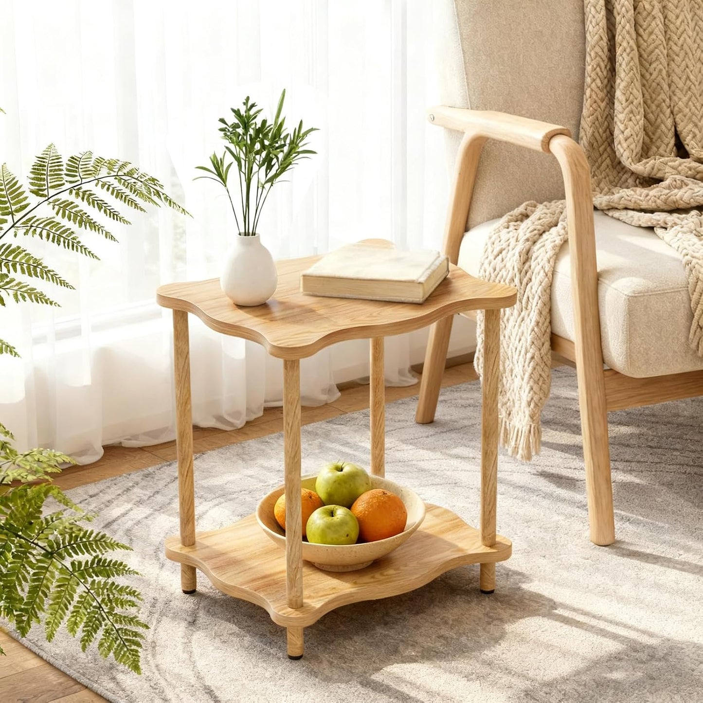 2-Tier Low Side Table 17”H, Space-Saving Small Nightstand with Solid Wood Legs, Tool-Free Assembly, Suitable for Reading Chair, Bedside, Balcony, 15.7”D x11.8”W, Burlywood