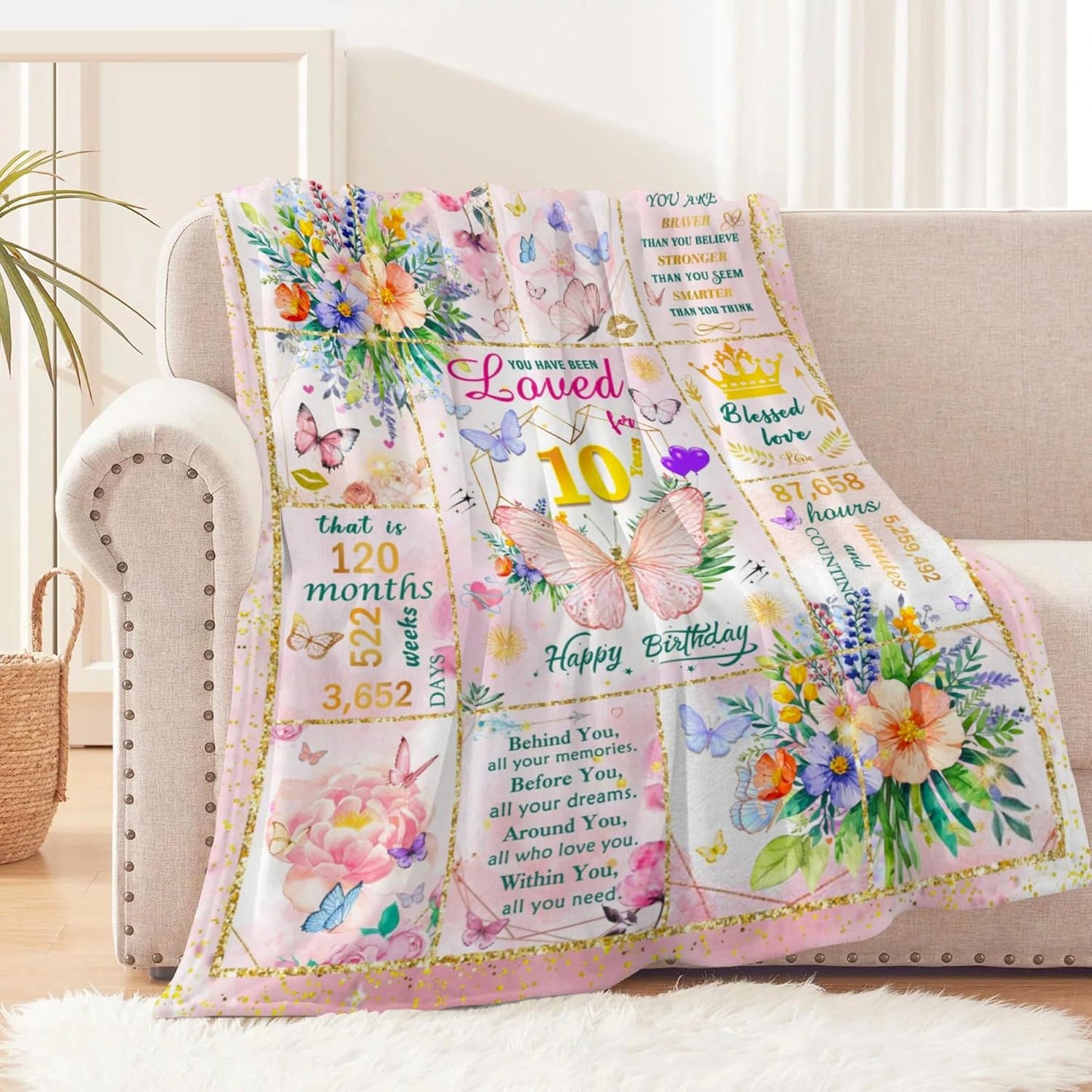 10th Birthday Gifts for Girls, Birthday Gift for 10 Year Old Girl, Super Soft Unique Funny Pink Butterfly Flower Blanket for Girls, Gifts for 10 Year Old Girl, Warm Cozy Plush Fuzzy Blanket 50"x40"