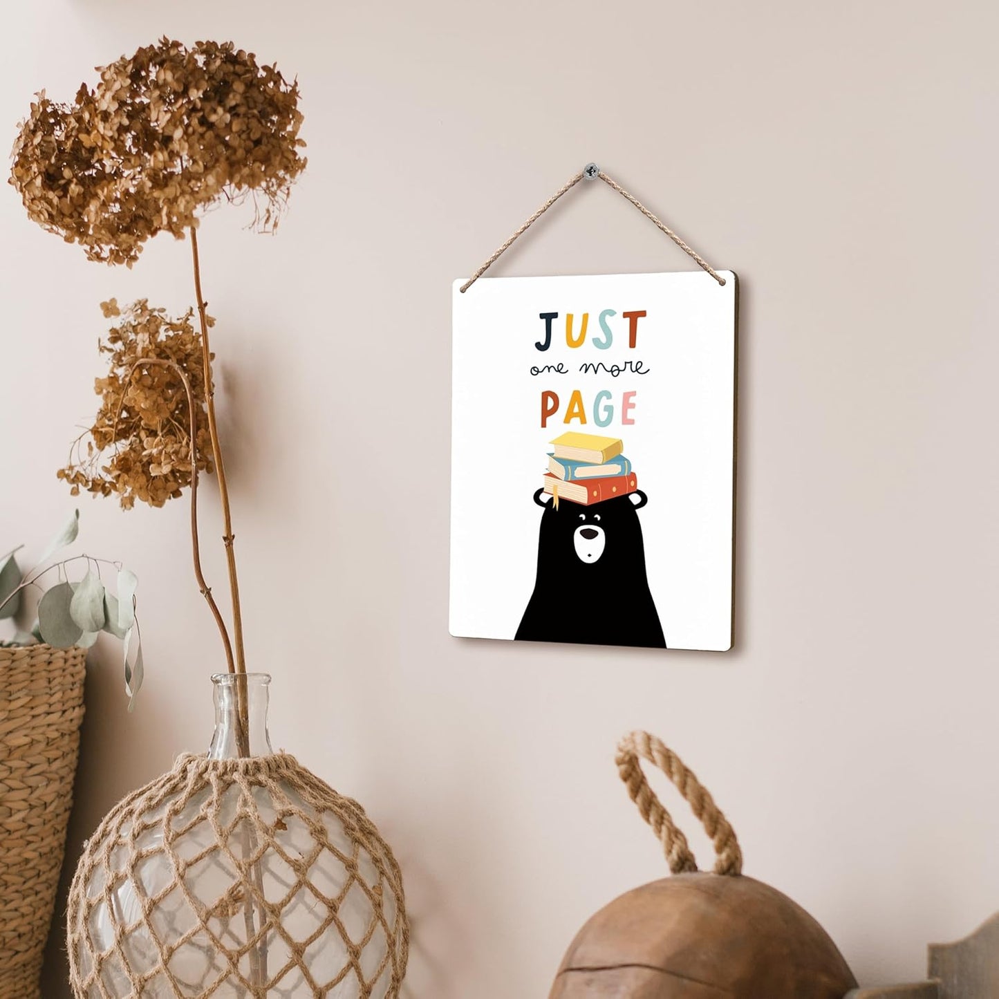 FUGWN Just One More Page Reading Black Bear Hanging Wooden Signs 8x10, Reading Nook Inspirational Classroom Playroom Nursery Wall Decor, Reading Corner Decor Gifts for Book Lovers Kids Girls Boys