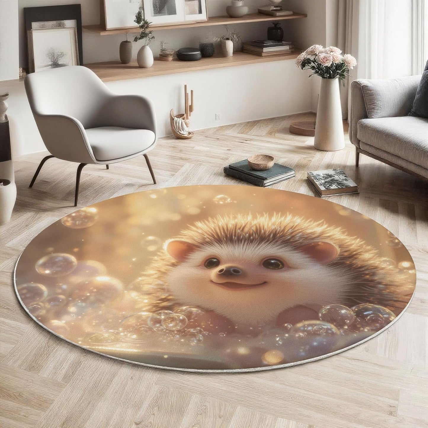 Modern Round Area Rug for Living Room, 6Ft Washable Round Rug Beige Yellow Cute Sunny Hedgehog Circle Rugs for Dining Room Table, Fun Animal Bathtub Small Circular Floor Carpet for Bedroom
