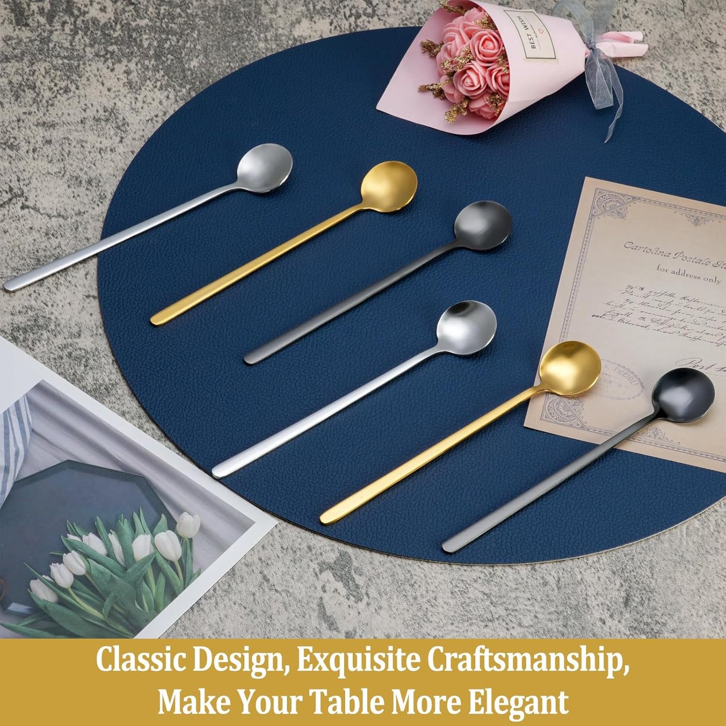 12 Pcs Coffee Spoons Set, 6.7" Gold Tea Spoons Long Handle, Gold Small Teaspoons, Stainless Steel Espresso Spoon, Long Spoon for Stirring, Coffee Bar Accessories