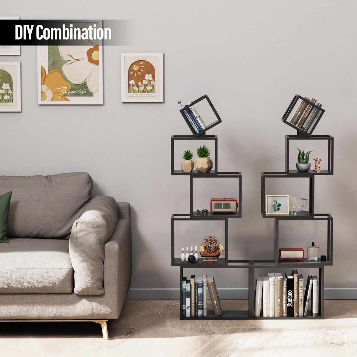 5-Tier Black Unique Metal Bookshelf – 52" Modern Bookcase for Books, CDs & Collectibles – Stylish Storage & Display Shelf for Living Room, Bedroom, Office