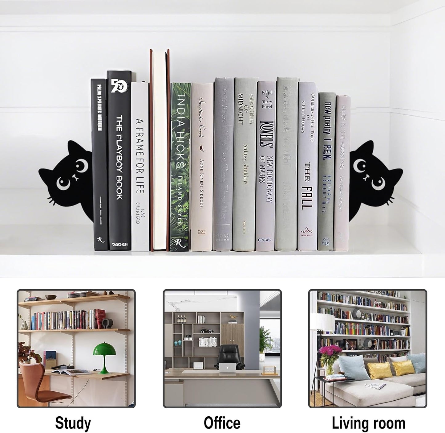 Bookends Metal Cat Book Ends, 1 Pairs Cute Bookends for Shelves Decorative for Home Office Desk Bookshelf Decor (Black, Cartoon)
