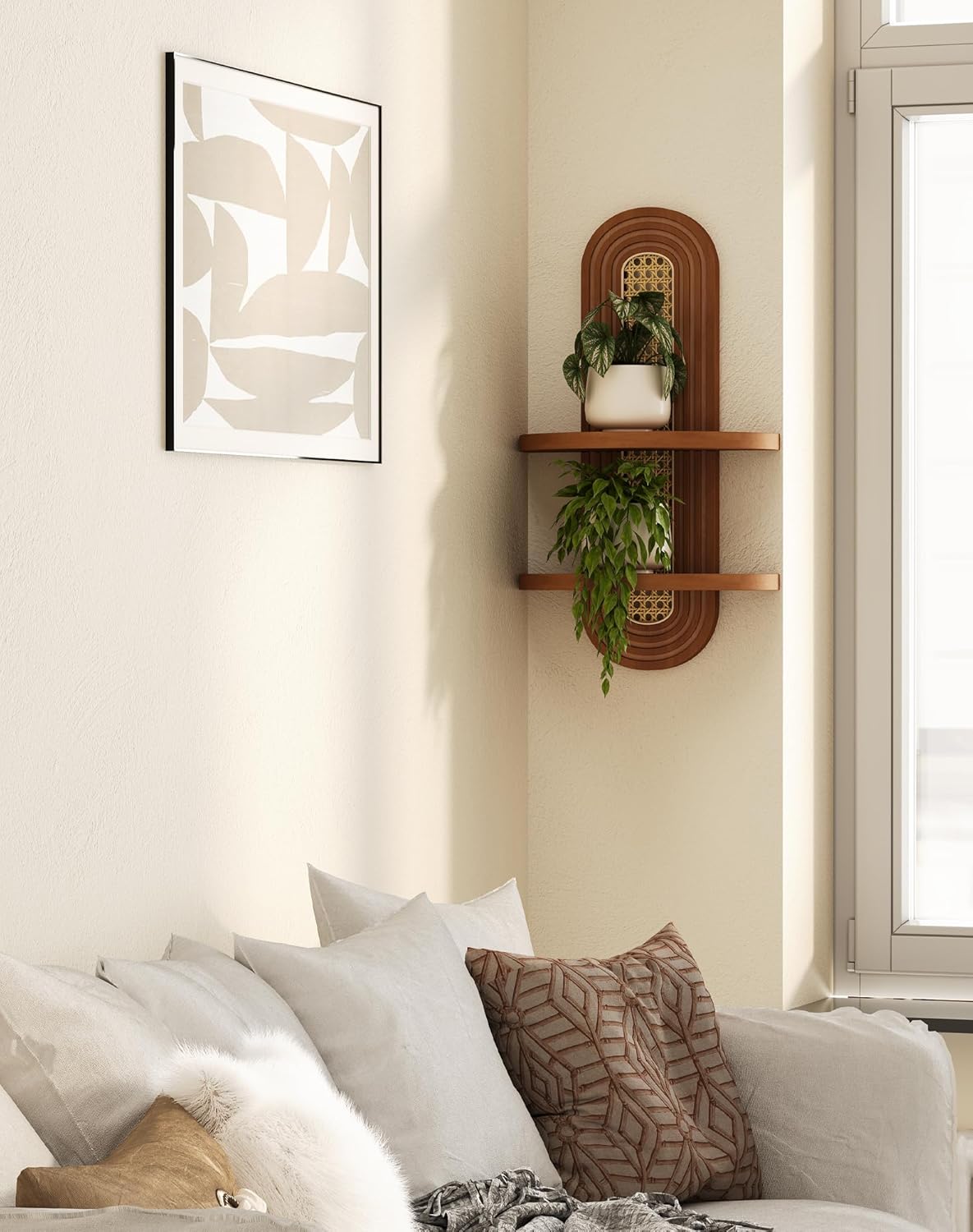 Floating Shelves for Wall,Boho Home Wall Decor,2-Tier Rattan Plant Shelf,Mid Century Hanging Small Decorative Shelf,Natural Wood Shelves for Living Room,Bedroom,House,Office,1-Pack (Walnut)