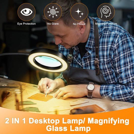 10X Magnifying Glass with Light and Timer, 2 in 1 Magnifying Desk Lamp, 3 Color Modes 10 Dimmable Brightness, Flexible Gooseneck Magnifier with Light for Craft Hobby Painting Sewing Close Work