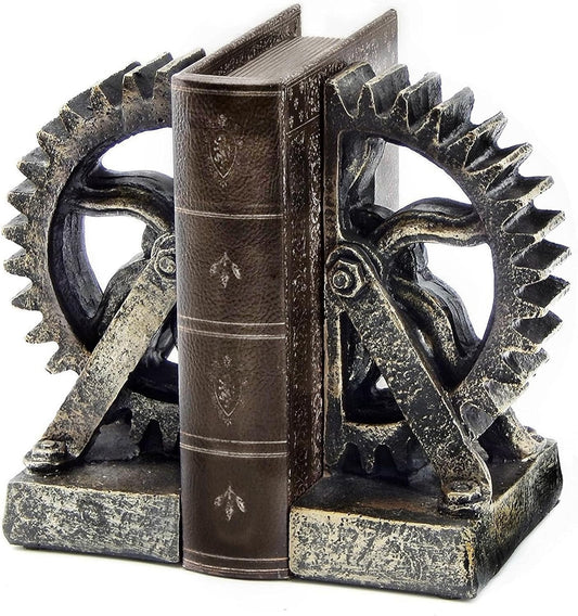 Bellaa 25662 Decorative Bookend Gear Book Ends Industrial Science Rustic Vintage Unique Heavy Steampunk Statues Bookshelves Stopper Support Home Decor Accents