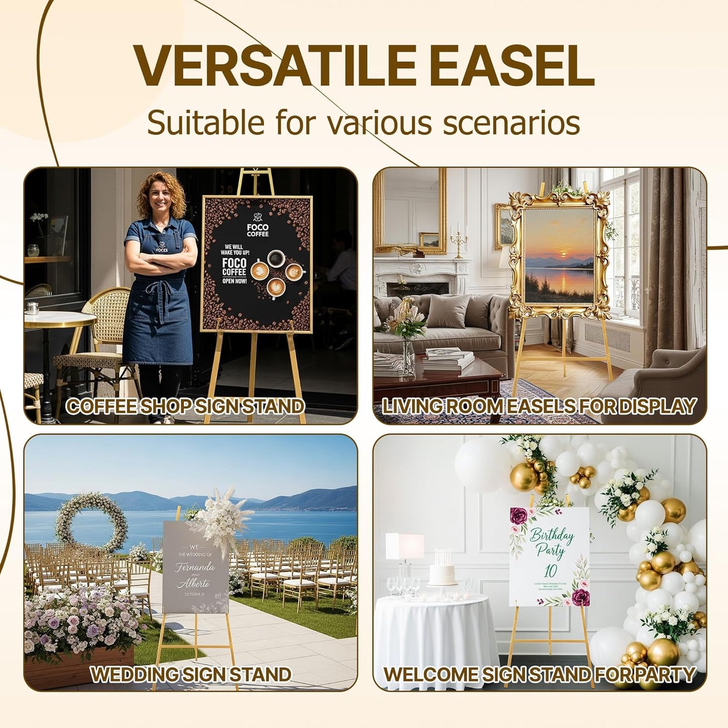 57.5" Gold Easel Stand for Sign, Wedding Sign Stand for Display, Assembly Required, 4 Adjustable Height Levels Heavy Duty Metal Display Stand Floor Standing Easels for Art, Paintings, Pictures