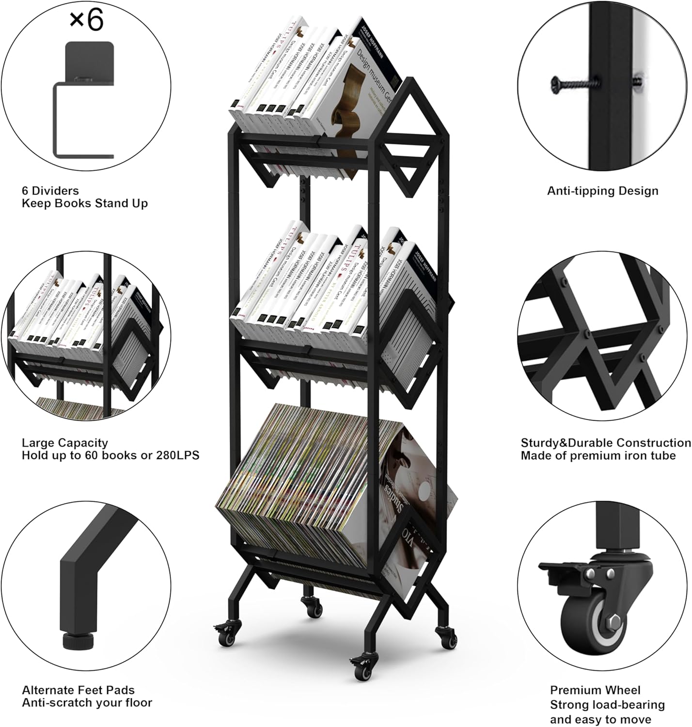 Bookshelf Book Cart Rack Industrial Metal Bookcase 3 Tier Holder with Wheels Modern Stylish Design Magazines Files Album Recipe Book Storage Organizer for Sofa End Bed Beside (3 Tier)