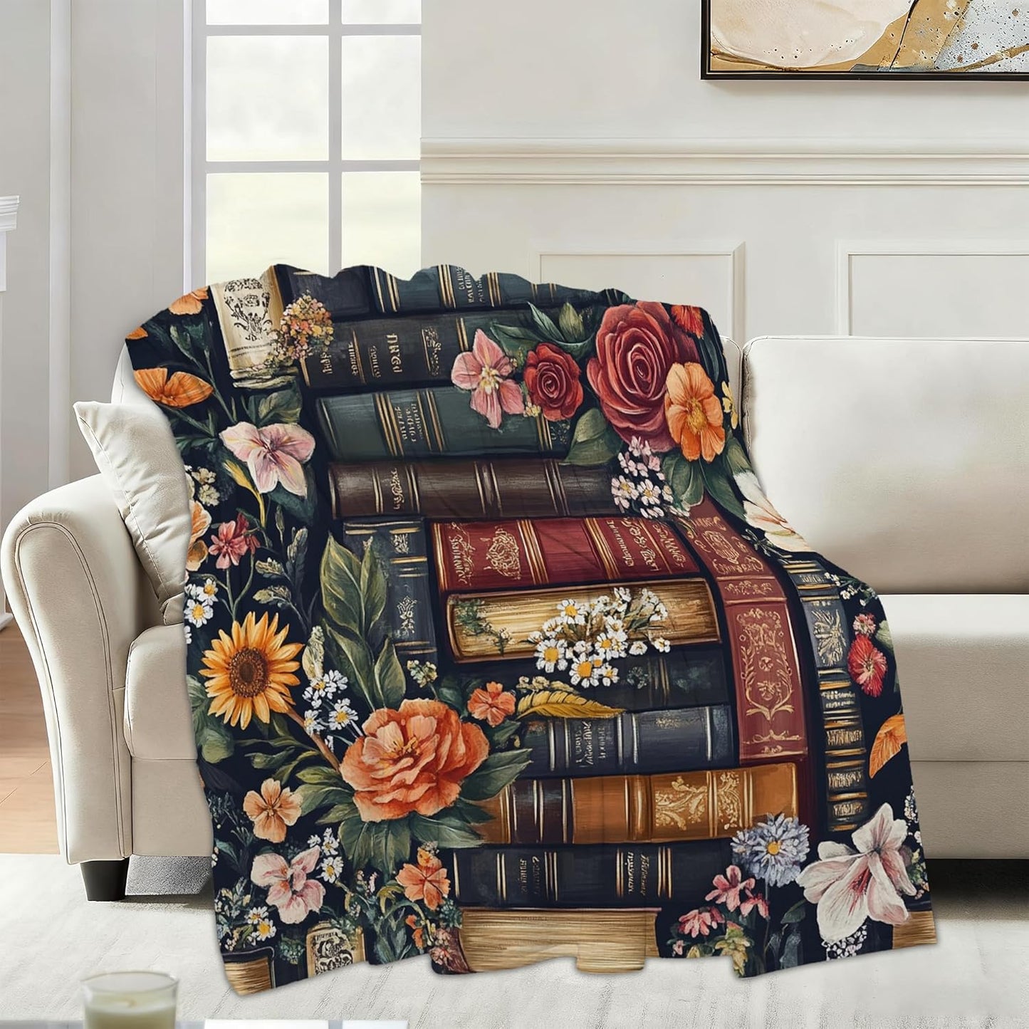 Vintage Books Fall Throw Blanket,Retro Flowers Cozy Plush Fluffy Blanket for Living Room Decor,Lightweight Fleece Throws for Couch,Bed,Traveling,Naps,Reading,50 X 60 Inch