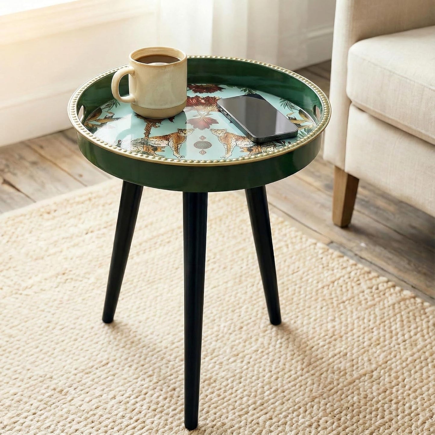 Zosenley Small Round Side Table - 13 Inch Emerald Green Boho End Table with Vintage Cheetah Pattern Tray - Unique Tropical Accent Table with Moisture-Resistant Wrapped Legs for Living Room & Bedroom