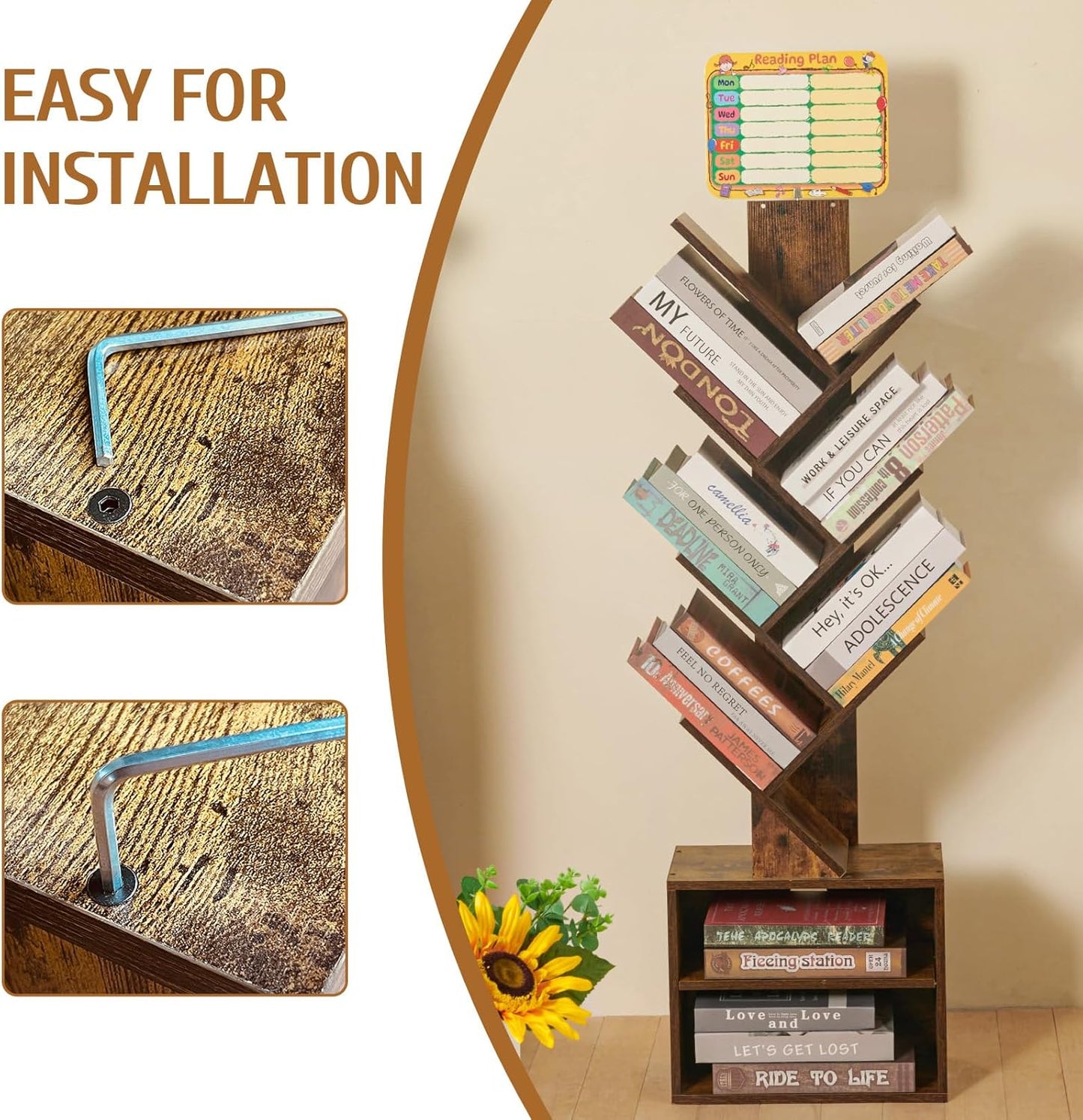 7 Tier Tree Book shelf, Small Bookcase with Reading Planner and Activity Panel, Modern Floor Standing Corner Tall Narrow Storage Cabinet Bookshelves for Home Office Bedroom Living Room (Rustic Brown)