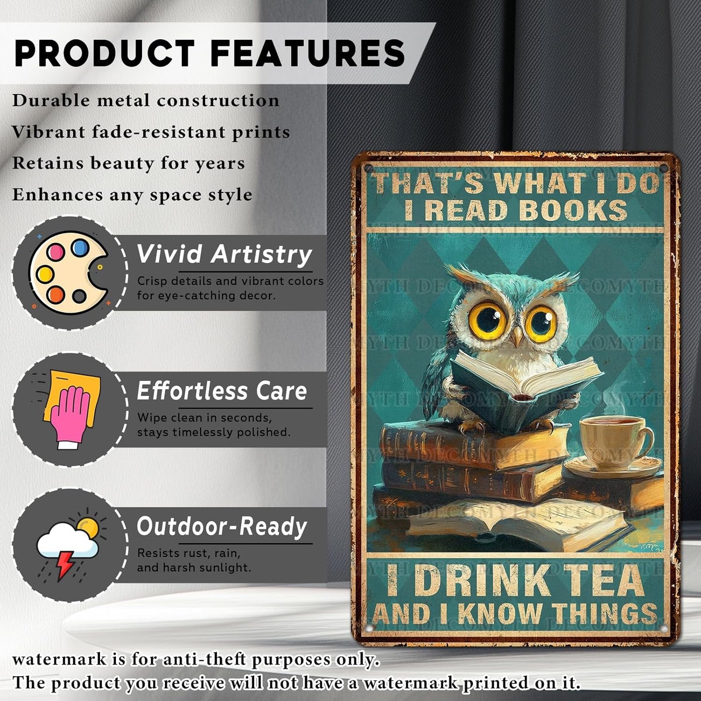 Owl Metal Tin Sign Book Lovers Tin Sign That's What I Do I Read Books I Drink Tea And I Know Things Poster Wall Decor for Bars Restaurants Cafes Pubs 12 * 8inch