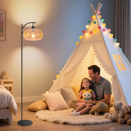 Modern Floor Lamps for Living Room, Dimmable Tall Standing Lamp with Amber Shade & Remote Control, Glass Floor Lamps for Bedroom Office Corner, 1 x 12W LED Bulb Included