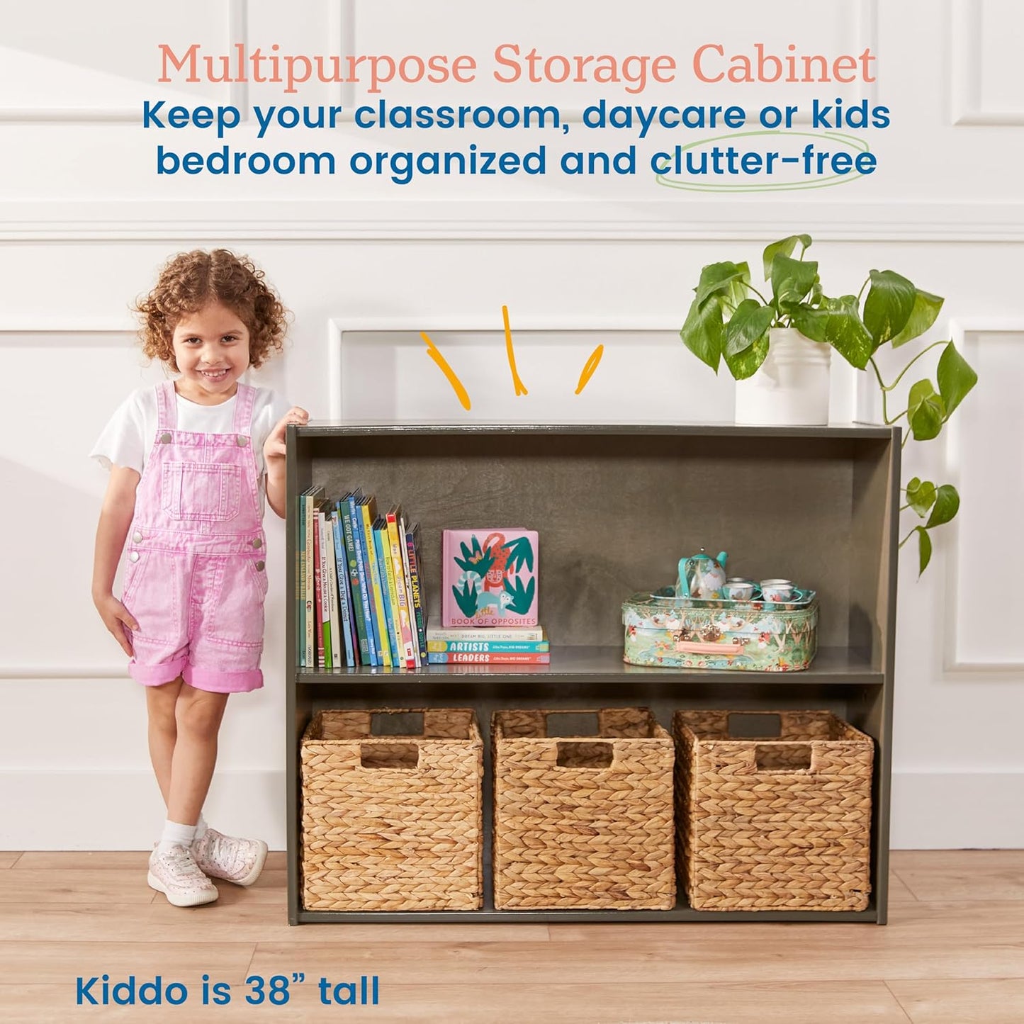 ECR4Kids Streamline 2-Shelf Storage Cabinet, 30in, Kid's Bookshelf, Grey Wash