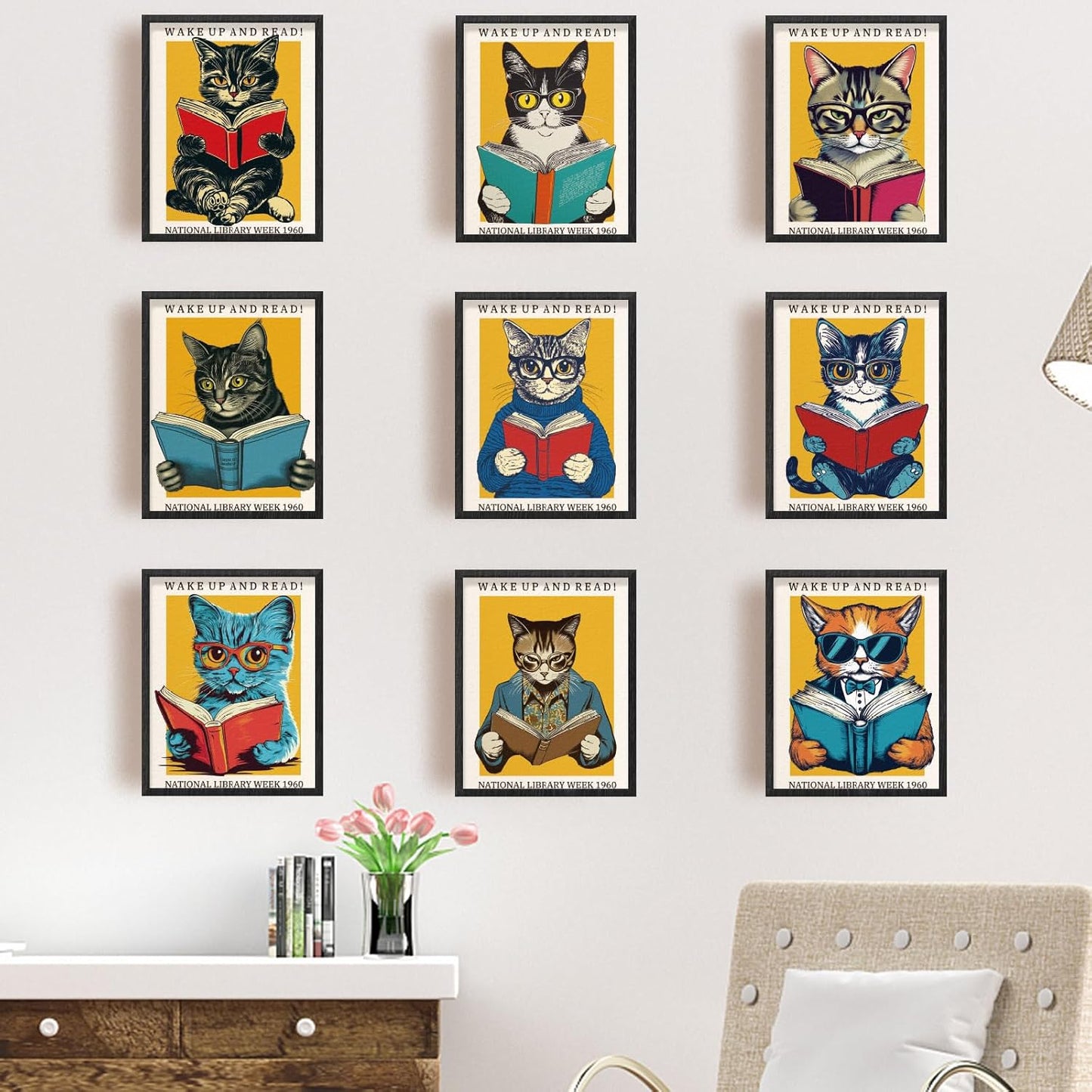 INFUNLY 9pcs Cat Reading Wall Art Prints Vintage Cool Cat Pictures Poster 8"×10" Reading Books Artwork Decor Unframed Canvas Poster Prints Aesthetic Wall Art for Bedroom Bookworm Library Home Decor