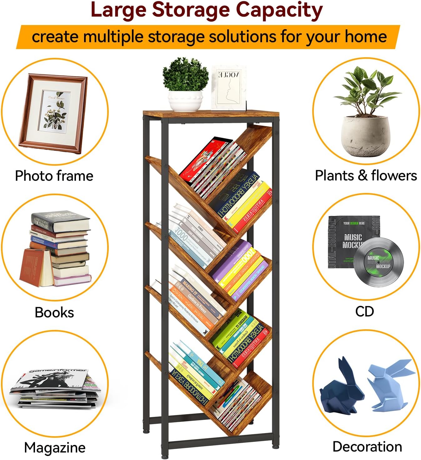 IBUYKE 9 Tier Tree Bookshelf, Floor Standing Wood Bookshelf for Narrow Space, Storage Organizer Bookcase for Books/CDs/Movies, Small Corner Bookcase for Bedroom Living Room,Rustic Brown,TBC002H