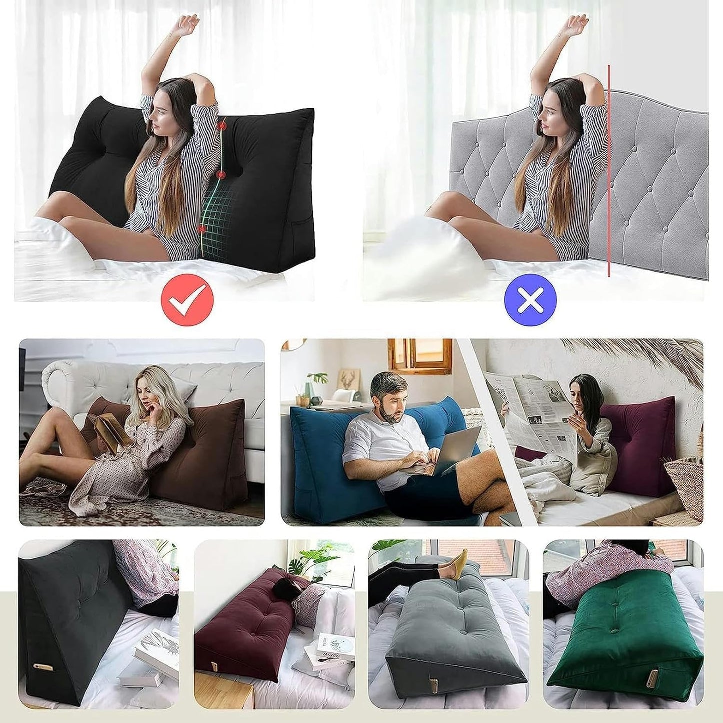 Triangular Headboard Wedge Bed Resting Reading Pillow Large Back Pillow, Queen Full Soft Back Positioning Support Long Cushion with Removable Cover, 200*50*20cm, Orange