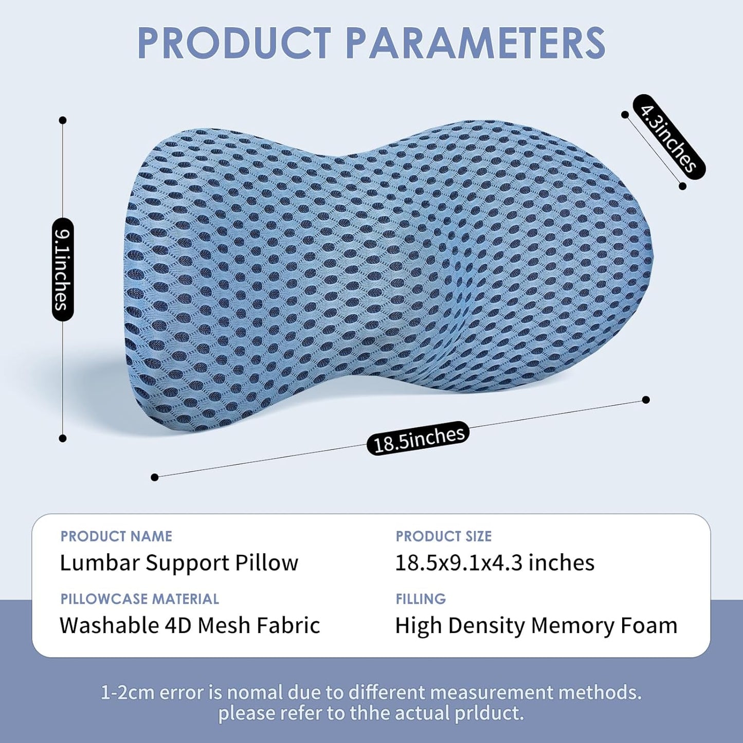 Lumbar Support Pillow, Back Pillow for Low Back Pain Relief, Ergonomic Streamline Car Seat, Office Chair, Recliner and Bed (Blue)