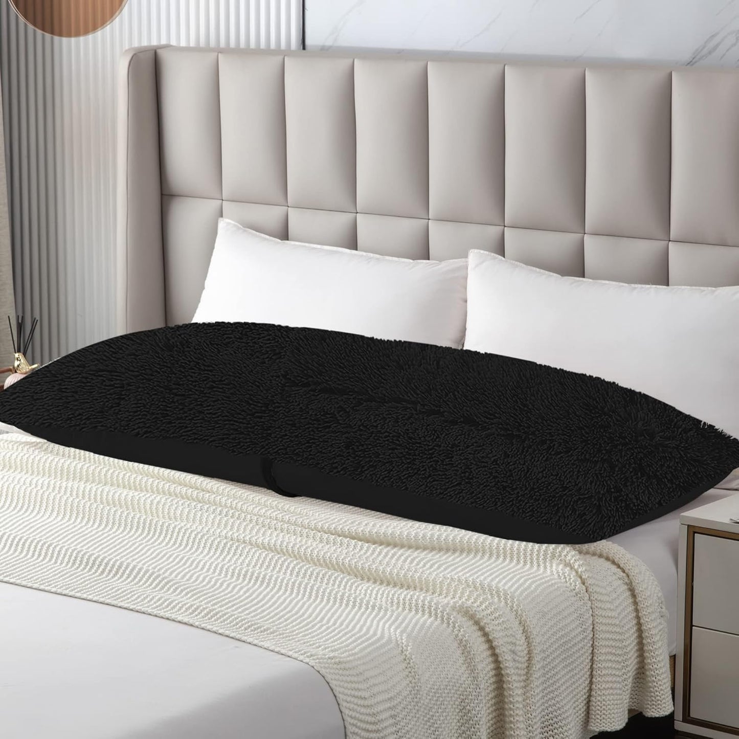 Body Pillow Cover with Zipper,Plush Fuzzy Body Pillow Pillowcase, Faux Fur Sherpa Large Pillow Case for Women Pregnant Side Sleeper Bedding Black Pillow Sham