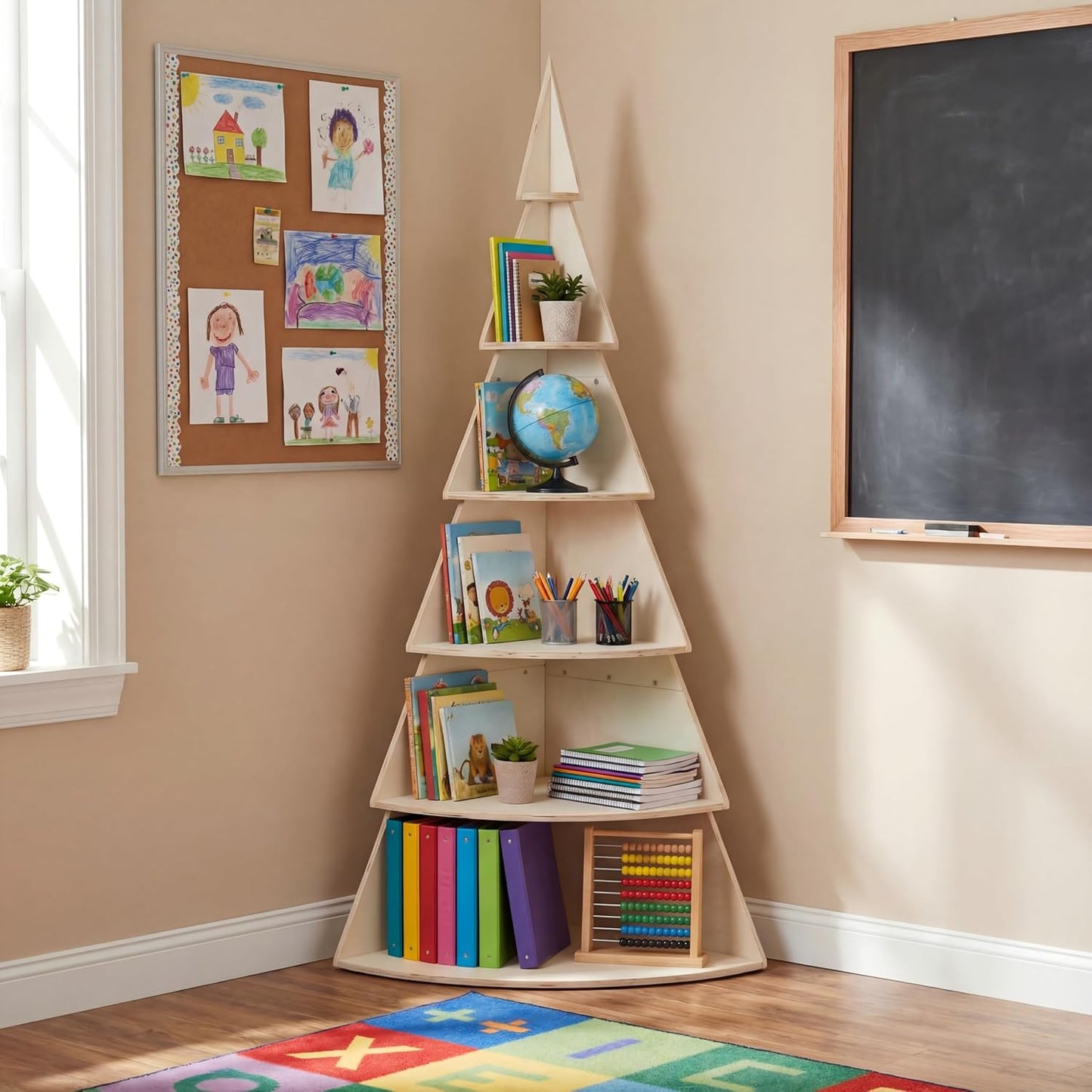 6 Tier 71 Inch Large Wooden Tree Shaped Display Shelf Christmas Village Tree Stand Corner Shelf Wood DIY Corner Bookshelf Space-Saving Storage Rack for Bedroom Living Room Decor
