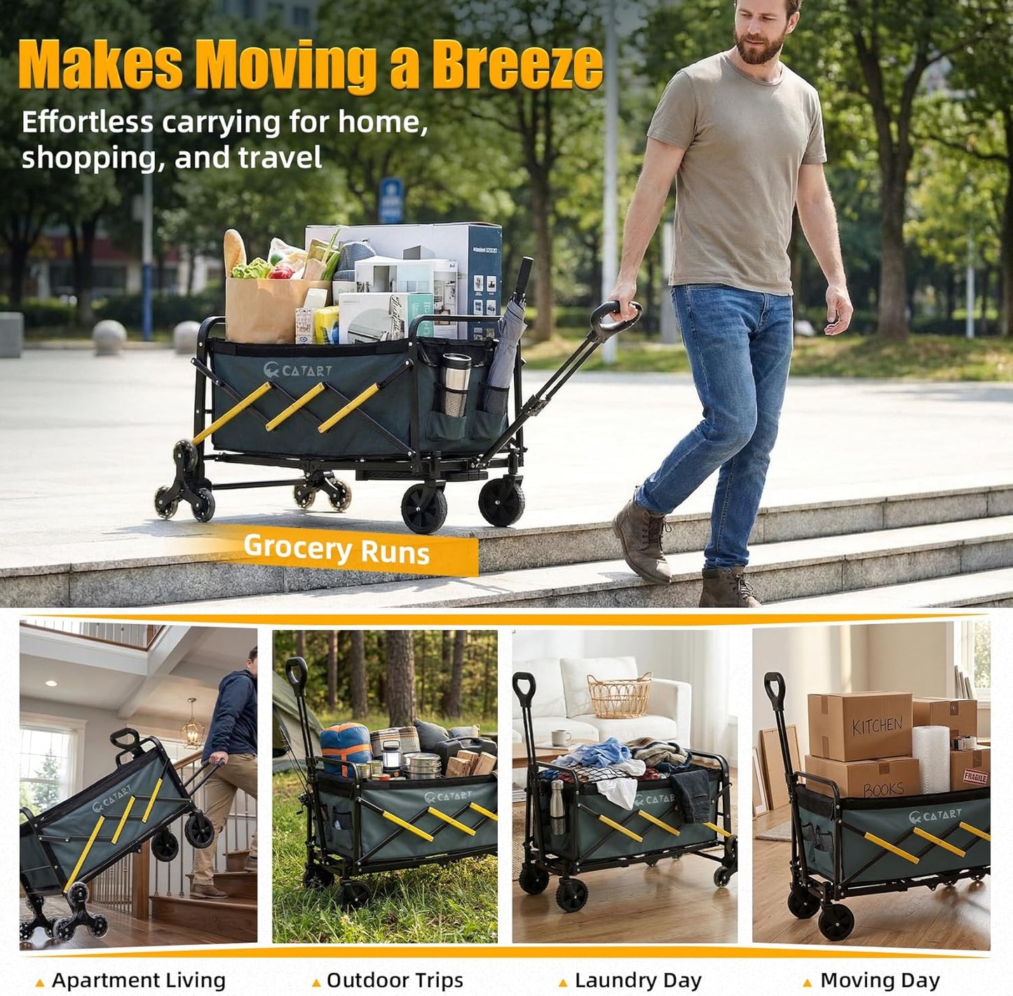 Folding Utility Cart with Triangular Wheels, 2 in 1 Collapsible Wagon for Stairs, Multi-Scene Stair Climbing Wagon, Lightweight Hand Truck with Telescoping Handle for Grocery, Laundry, Moving, Office