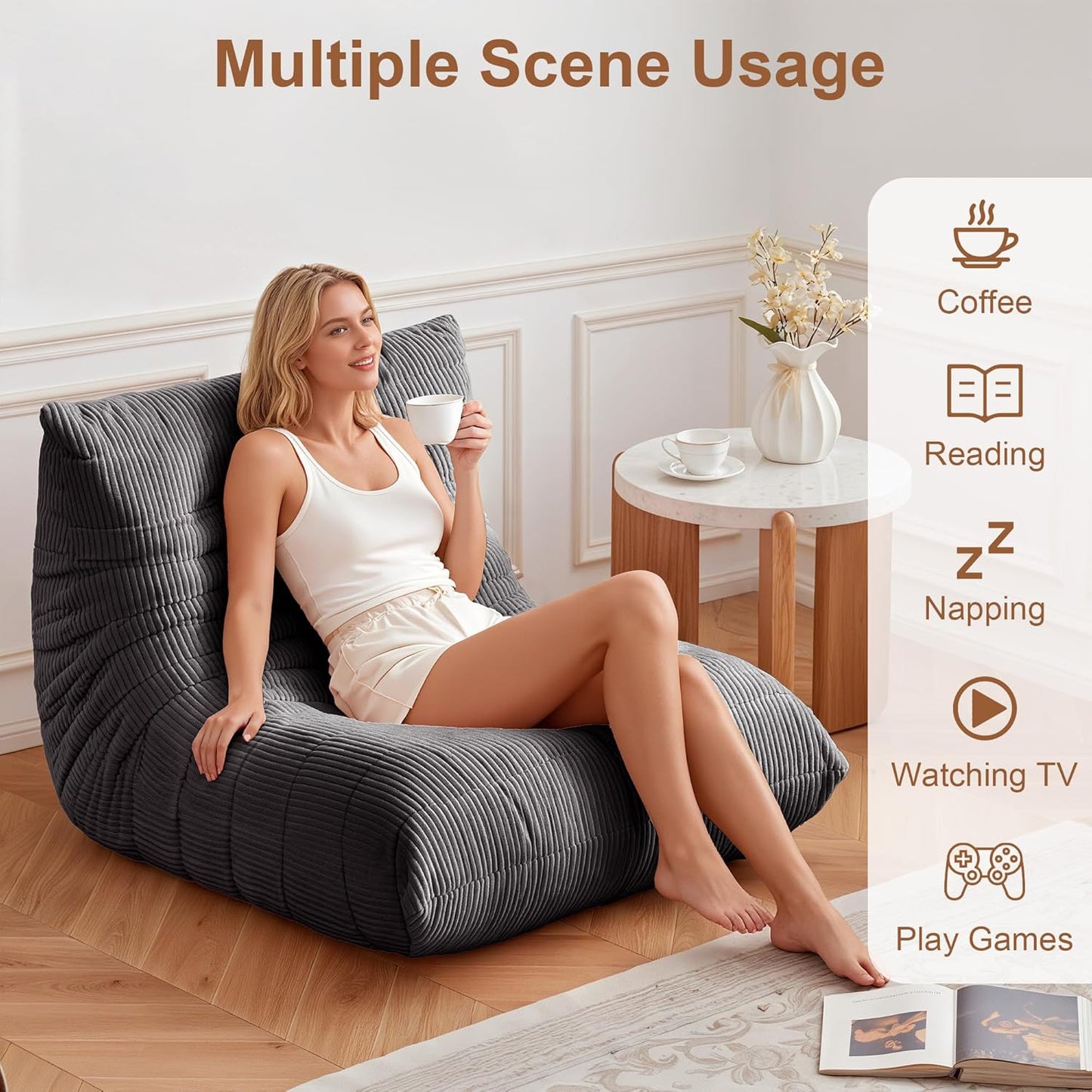 Bean Bag Chair for Adults - Large Bean Bag Chairs with Lumbar Pillow, Oversized Corduroy Memory Foam Boneless Chair with High-Rebound, Lazy Floor Sofa for Reading Gaming Living Room Bedroom, Grey