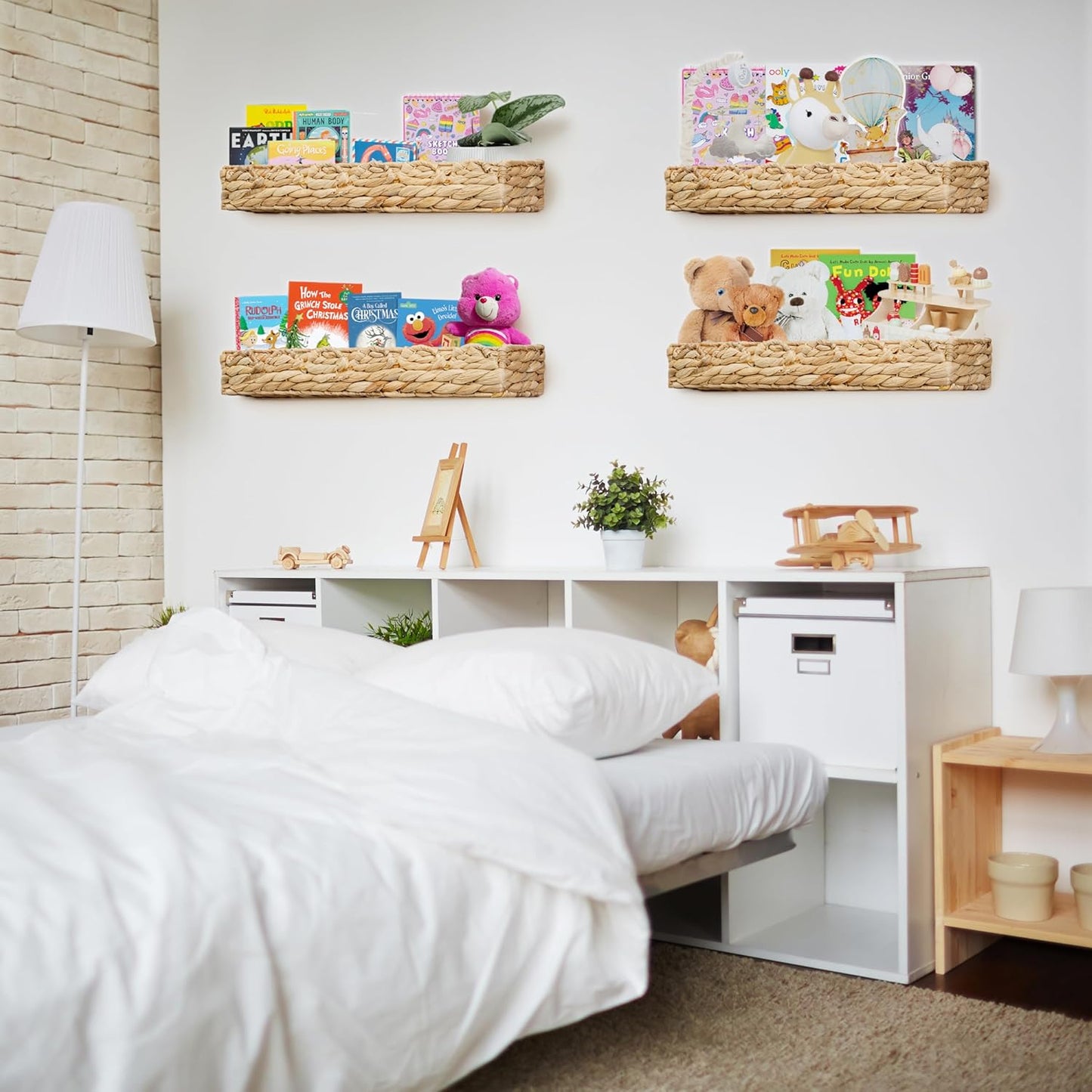 Scalloped Book Shelves Set of 2 – Floating Wall Mounted Bookshelf, Natural Water Hyacinth Rattan, Boho Scalloped Design, 43cm Wide, Easy Install, 4kg Load for Kids, Baby, Toys, Picture Ledge