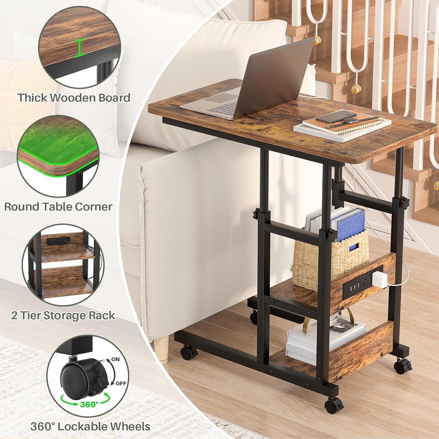 Height Adjustable End Table with Charging Station, Mobile C Shaped Laptop Side Table with Wheels, 3-Tier Sofa Couch Table with Storage Shelve for Living Room Bedroom, Rustic Brown