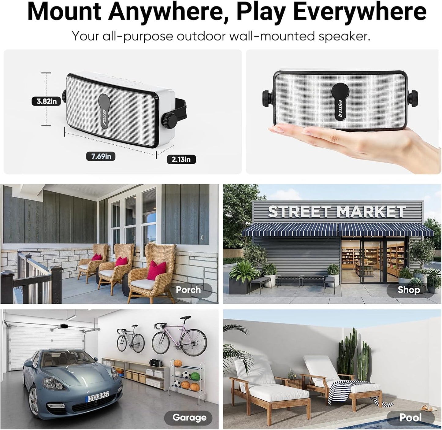 Inwa Upgraded 200W Outdoor Bluetooth Speakers Pair - IPX5 Waterproof Wall Mount Stereo Speaker, Wireless Multi-Speaker Connection with Auracast, Sound System w/Aux for Porch, Patio, Garage, Home