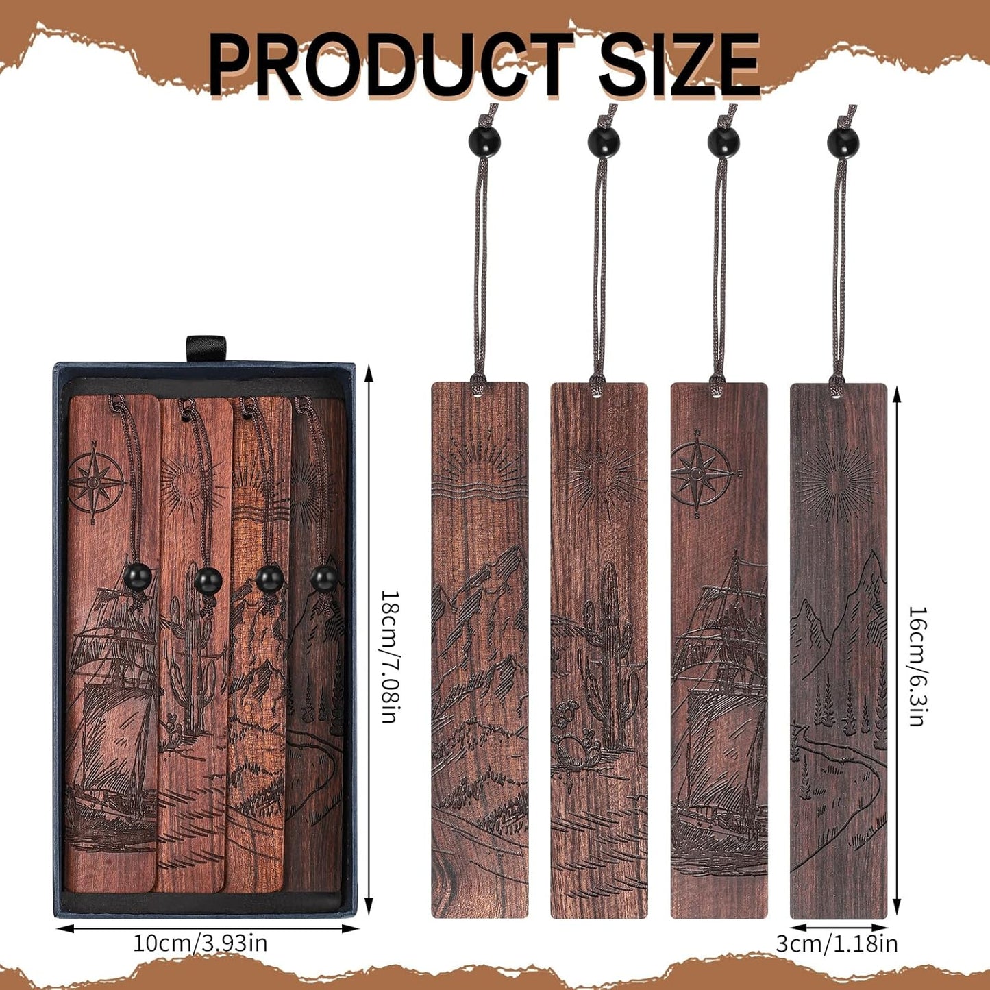 4Pcs Wood Bookmark for Men Easter Gifts, Adventure Wooden Carving Book Mark Vintage Bookmark for Men Book Lovers Birthday Present Students Teachers Appreciation
