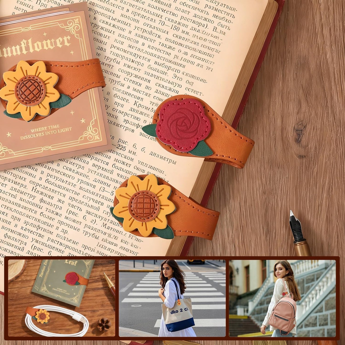 2PCS Vintage Magnetic Bookmark, Leather Bookmarks with Pen Holder Book Marker Clip Book Accessories Book Marks for Reading Women, Men, Book Lovers Gifts - Sunflower&Rose