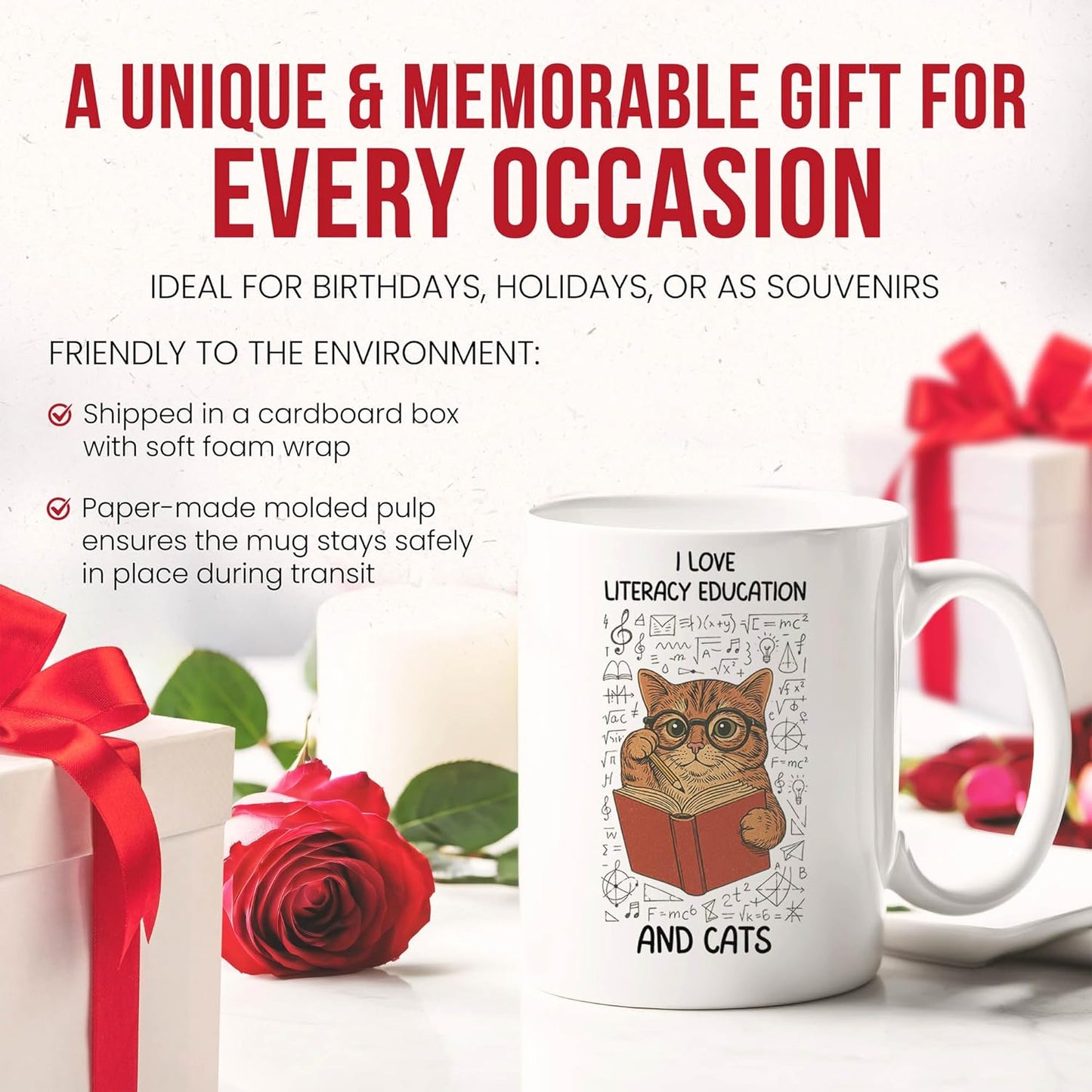 Literacy Education And Cats Mug - Reading Skills Coffee Cup - Book Lover Funny Gift From Teachers - Friends Tea Mugs - Enthusiast Cups - 11 Oz Ceramic Gifts For Parents, Birthday, Him, Her, Christmas
