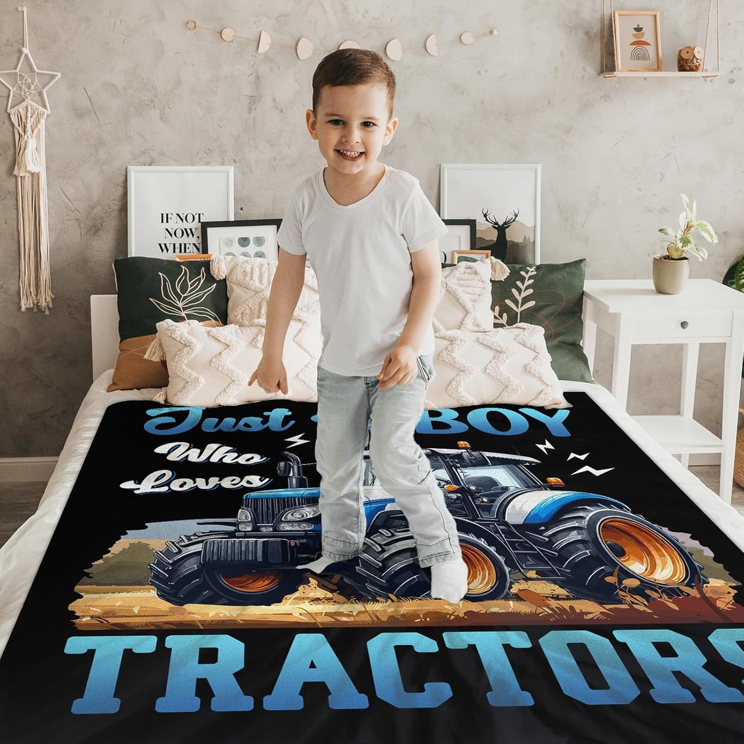 Kids Blanket, Tractor Blankets, 50 x 40 Inches Throws for Kids, Just A Boy Who Loves Tractors, Cozy Soft Black Truck Flannel Throws for Bed, Couch Sofa Party