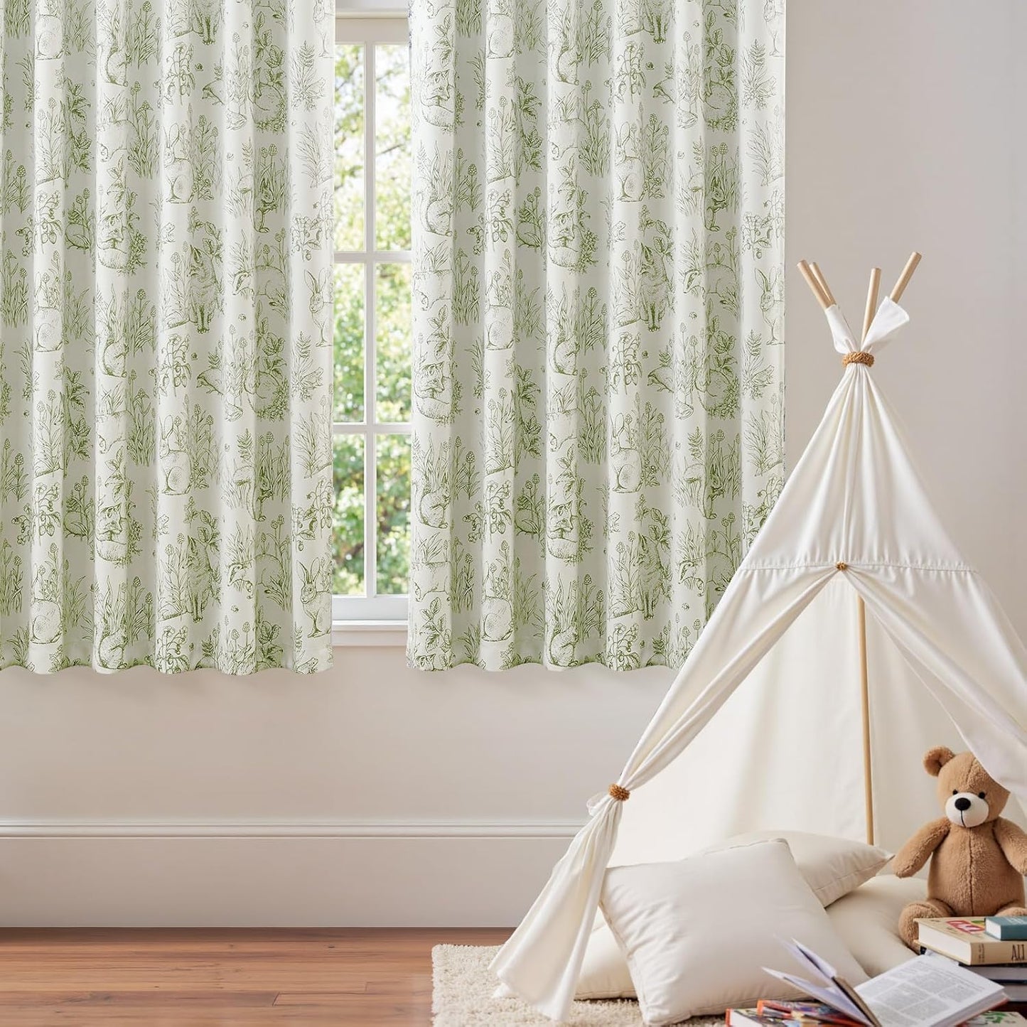 JINCHAN 95% Blackout Nursery Curtains 63 Inches Long, Bunny Woodland Toile Easter Decor Curtains Sage Green on Beige Animal Printed Drapes Bedroom Spring Decoration Farmhouse Window Treatment 2 Panels