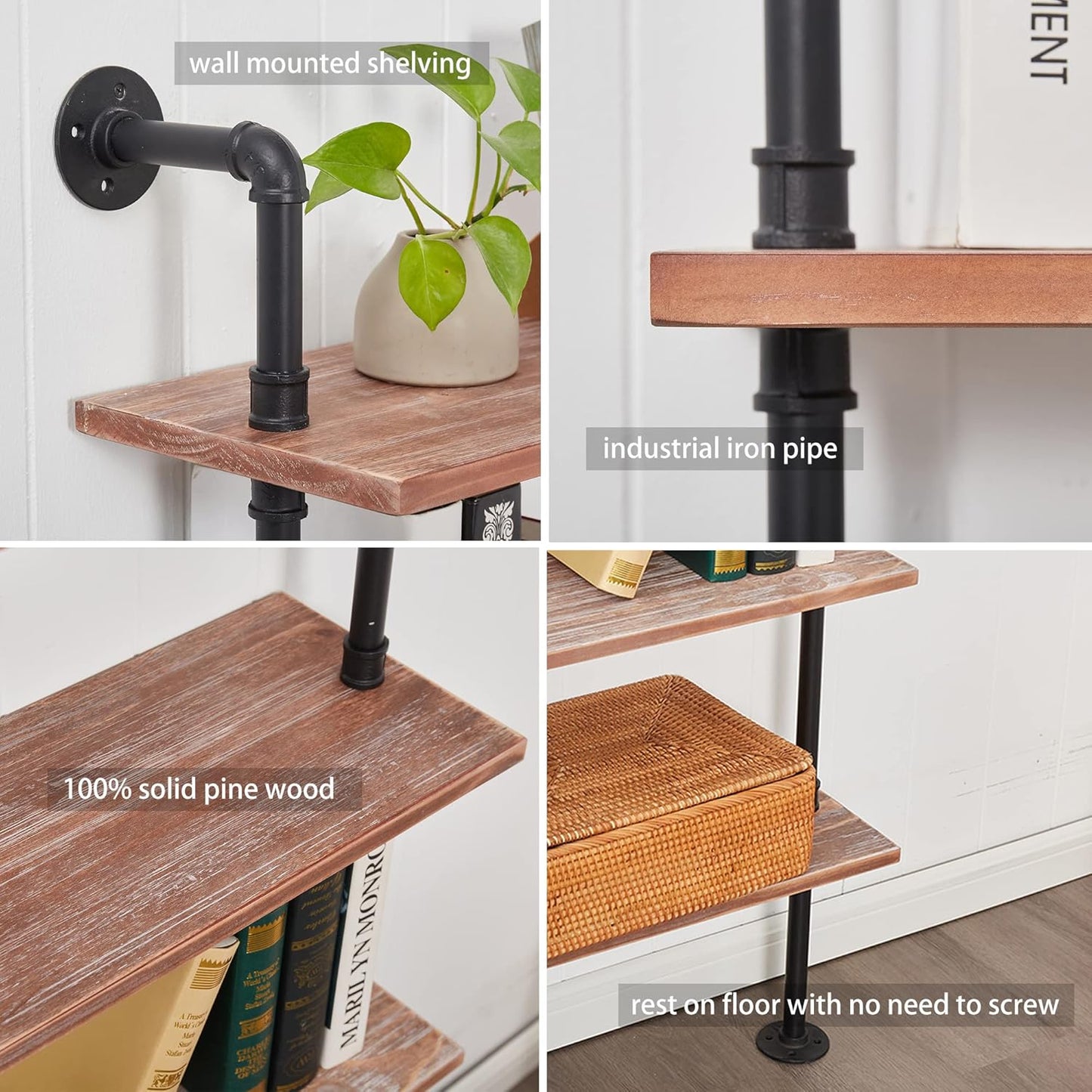 5 Tier Industrial Ladder Bookshelf, Wall Mounted Wood Metal Rustic Pipe Shelves (Weathered Brown, 5 Tier - 10" D x 24" W x 70" H)