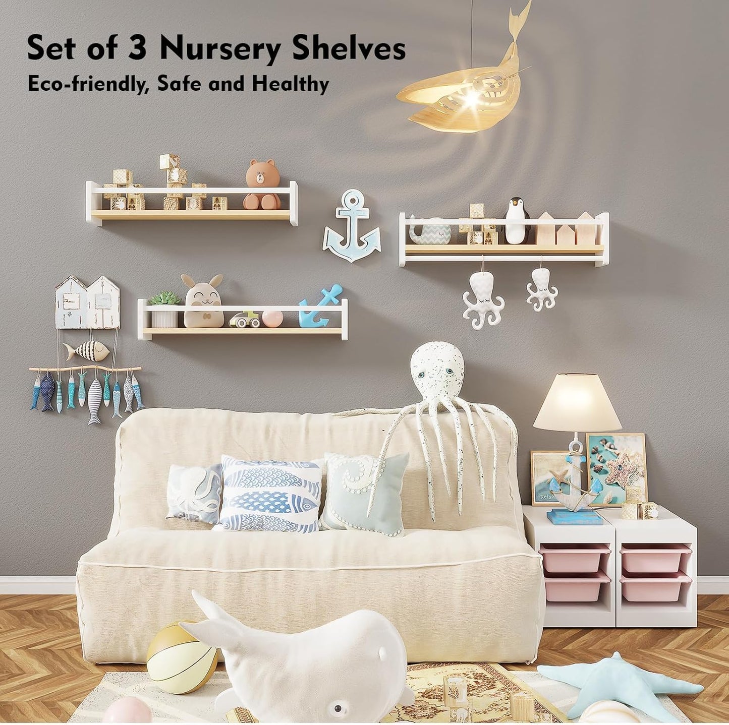 Nursery Floating Bookshelf for Kids, Wall Mounted Kids Book Shelf with Toy Storage, Pine Wood Nursery Shelves for Playroom, Bedroom, Toddler Room, Set of 3 (Pine & White, 23.6 Inches)