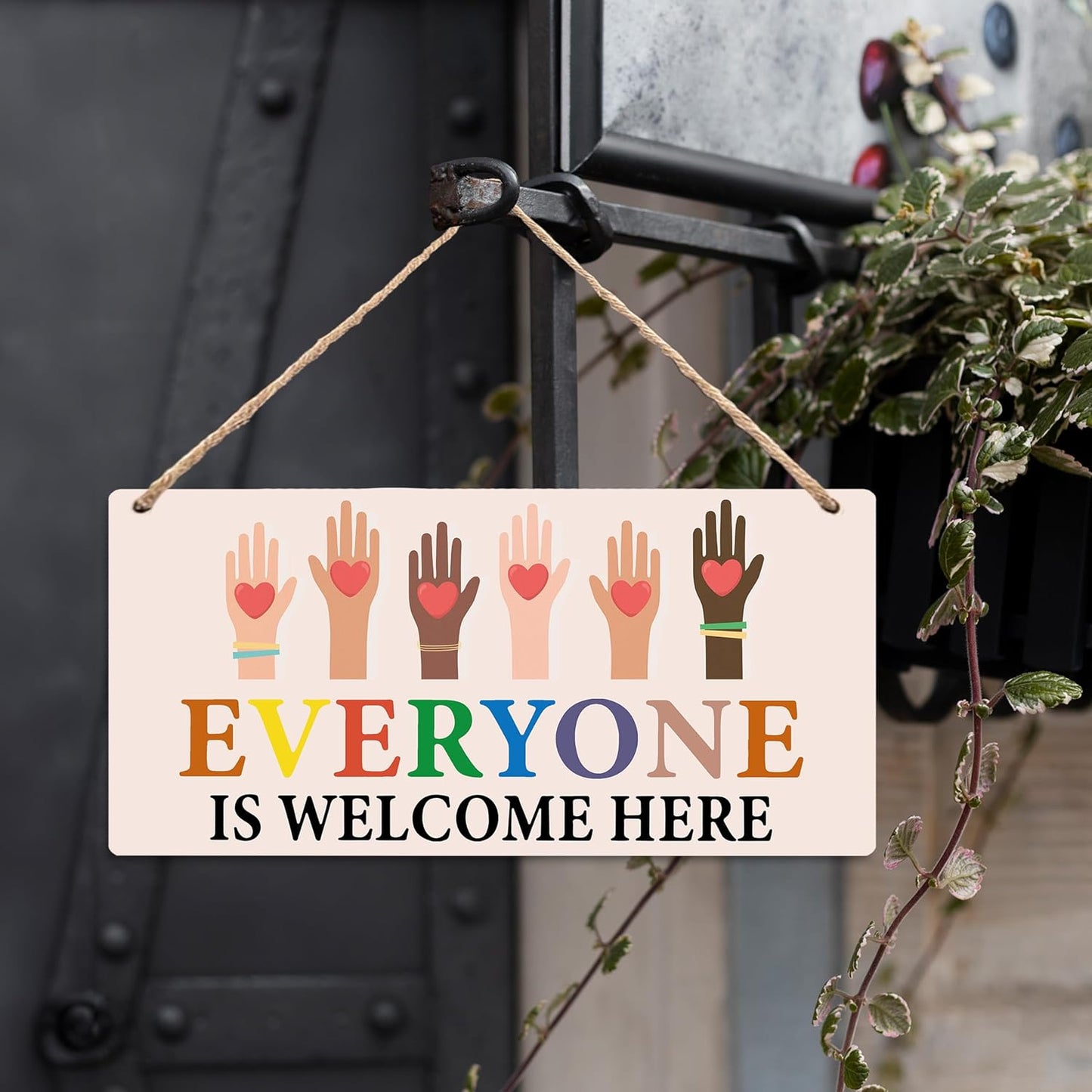 Everyone Is Welcome Here Sign - Classroom Playroom Reading Corner Wall Decor, Boho Rainbow Classroom Wooden Hanging Welcome Sign for Nursery School 12x6 Inches
