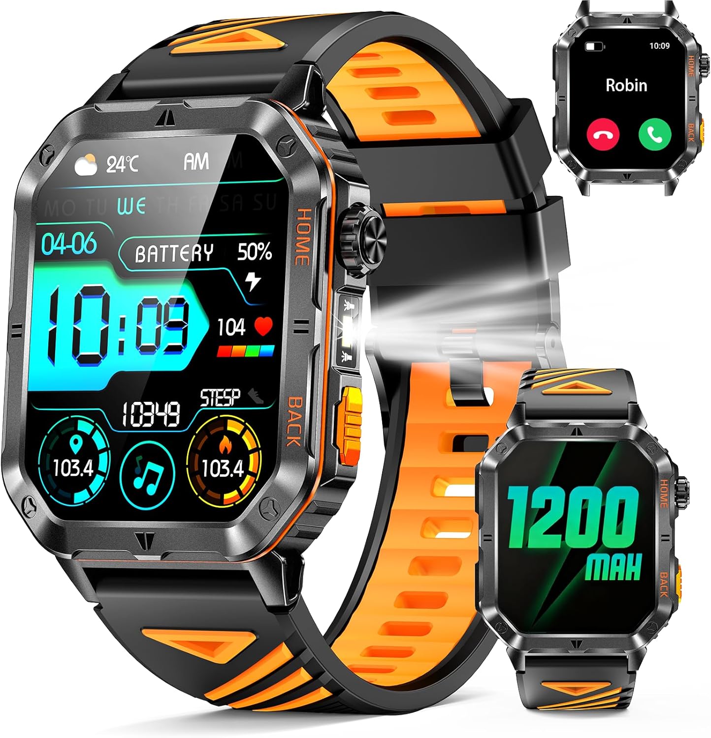 Military Smarty Watch for Men, 2.01" Smartwatch with 1200mAh Battery, Flashlight, Answer/Make Calls, Heart Rate/Sleep Monitor 100+ Sport Modes Fitness Tracker for Android/iPhone